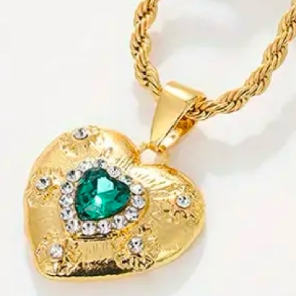 Golden Heart, Faux Emerald Pendant, Cubic Zirconia Necklace & Earrings Set - Picture 2 of 7